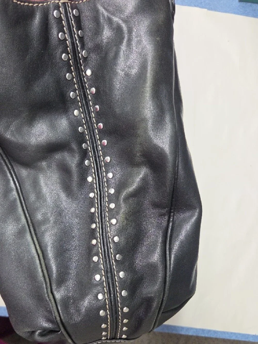 Michael Kors Black Leather Shoulder Bag with MK Charm and Stud Accents